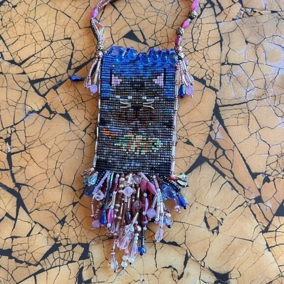 Hand Woven Bead Pouch Necklace Reversible Hummingbird Cat Cottage Boho Trinket - Picture 9 of 16